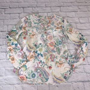 Malvin 100% Linen Floral Blouse 1/4 Button down Eyelet lace Cuffs Lace